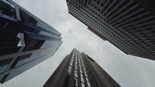 Gaze upward at majestic skyscrapers in Halifax, Canada, as they soar against the moody sky, showcasing the beauty of urban design and modern architecture