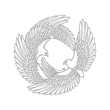 Circular line art vector illustration of three flying doves with spread wings for emblem or tattoo design