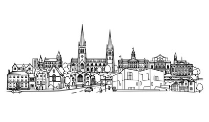Fototapeta premium European city skyline panorama vector sketch line art illustration