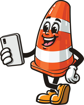 Traffic cone cartoon mascot holding a gadget