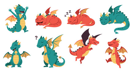 Naklejka premium Group of eight cute cartoon dragons in various colors and poses like flying, sleeping, and cheering together.