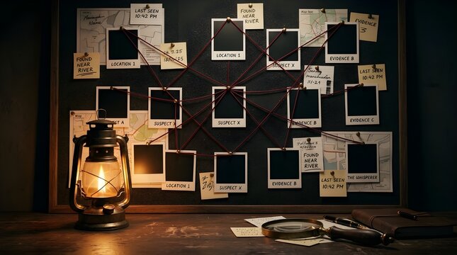 Detective Investigation Evidence Board with Connected Photos and Vintage Lantern Lighting for Cold Case Mystery Research
