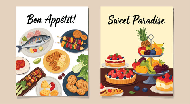 Two food menu posters titled Bon Appetit and Sweet Paradise show delicious main courses and colorful desserts.