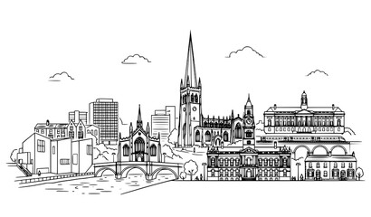 Obraz premium Minimalist black and white cityscape drawing with riverfront and traditional buildings