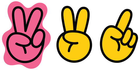 Fototapeta premium Hand gestures set showing peace signs and raised index finger in yellow colors with graphic outline
