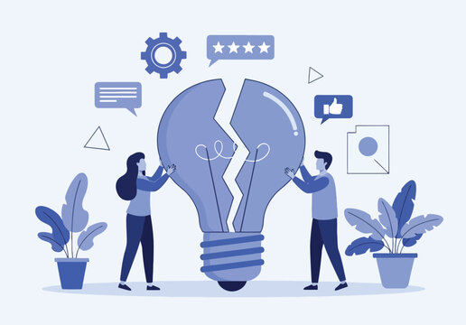 Team fixing broken light bulb symbolizing failed idea or business collaboration concept on light blue background with plants and icons.