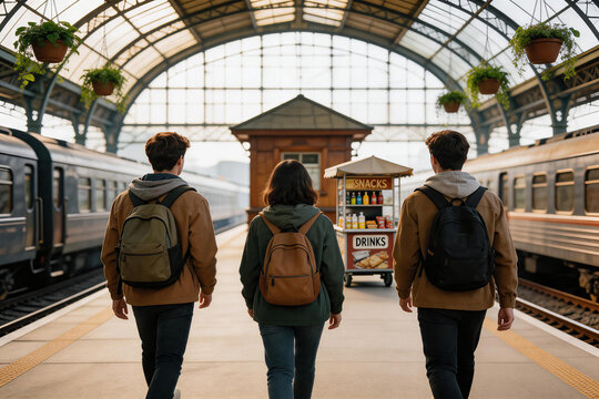 Young adults walking in a train station platform with backpacks near snack and drink cart