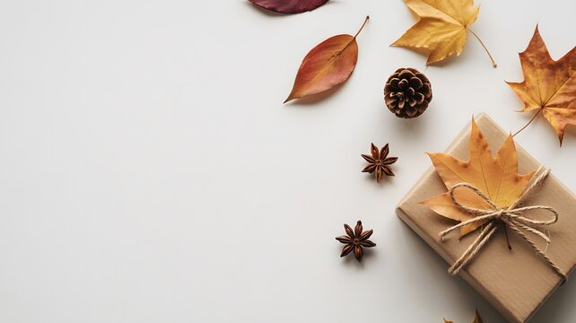 Wrapped gift box decorated with dried autumn leaves and pine cone for fall season celebration
