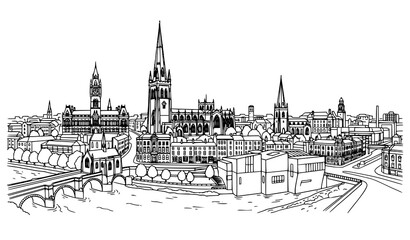 Fototapeta premium Wakefield England City Skyline Panorama Hand Drawn Outline Vector on White Background
