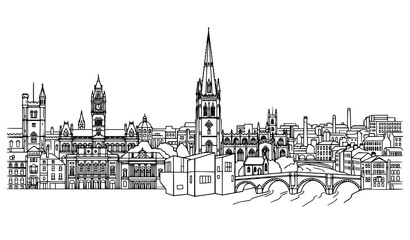 Fototapeta premium Black and white minimal urban landscape drawing with classic buildings and bridge