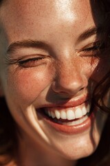 Fototapeta premium Close up portrait of a joyful young woman with freckles laughing with closed eyes in bright warm sunlight