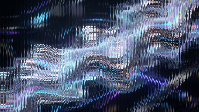 Abstract Neon Glowing Wave Background, Futuristic Holographic Aurora Light Texture with Vibrant Color Flow, Fluid Motion, Glowing Vertical Lines, Digital Glitch Effect and Dark Iridescent Digital Art 