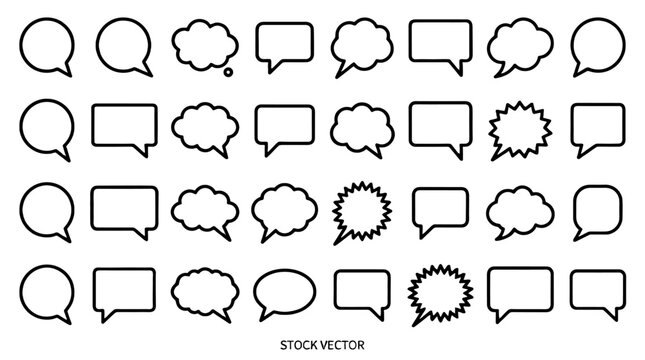 Set of empty speech and thought bubble outline icons