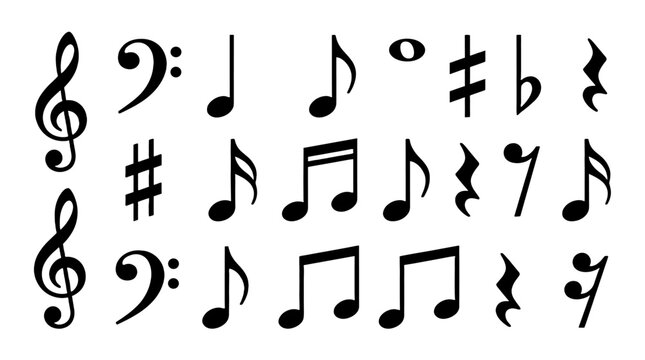 Black musical notes and notation symbols icon set
