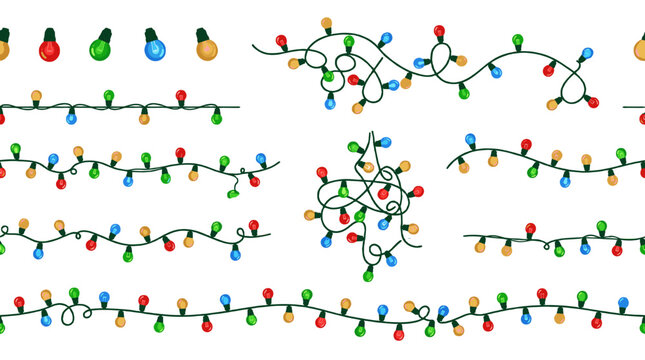 Set of colorful Christmas string lights isolated on white