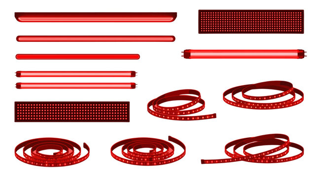 Set of glowing red LED light bars, tubes and strip lamps