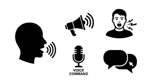 Speech and voice communication icon set in black silhouette