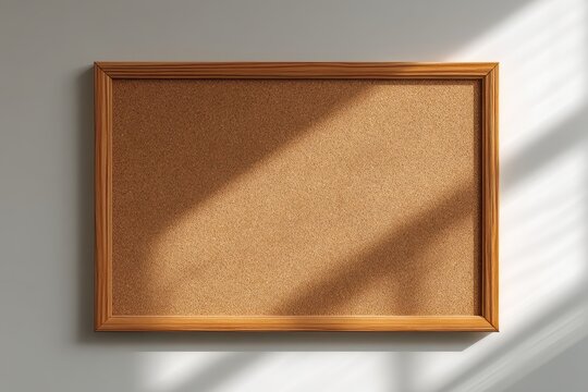 Blank cork board mounted on a neutral wall in a minimalist office