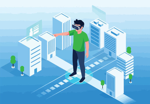 Man wearing virtual reality headset interacting with digital city models, augmented reality and metaverse concept, futuristic urban scene.