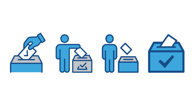 Voting and ballot box icon set in blue outline style