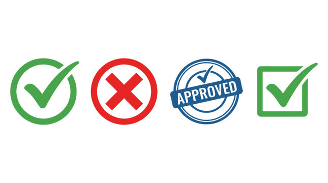 Check mark, cross, approved stamp and checkbox icon set