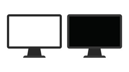 Fototapeta premium Two black computer monitors with blank white and black screens