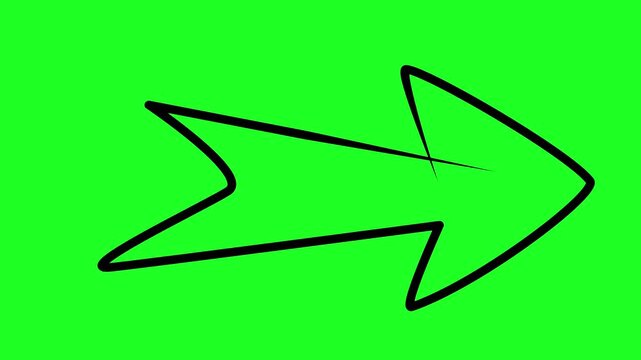 black right arrow pointer hand drawn cartoon sketch thin outline drawing of a chunky fat direction arrow pointer with initial movement animated on screen 4K video highlight element