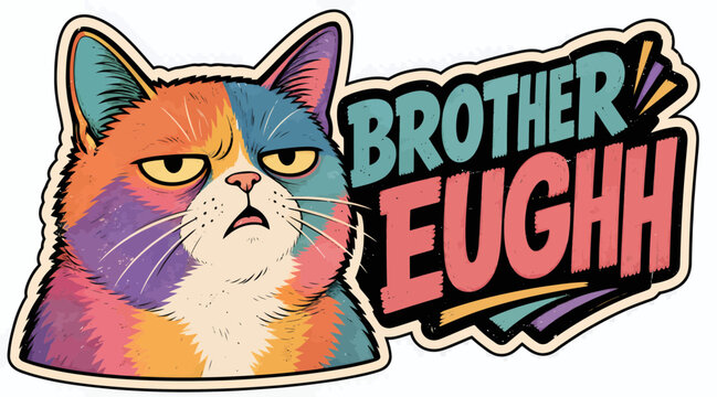 Grumpy multicolored cat face with text "brother euughh"
