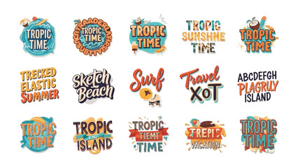 Collection of Tropical Summer Vibes: A vibrant assortment of graphic elements and typographic designs, perfect for summer and travel themes, featuring tropical motifs and playful lettering. © Halima