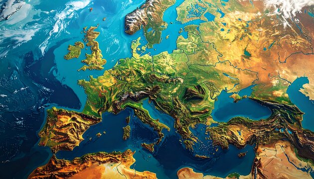 A colorful satellite view of Europe and North Africa showing varied landscapes