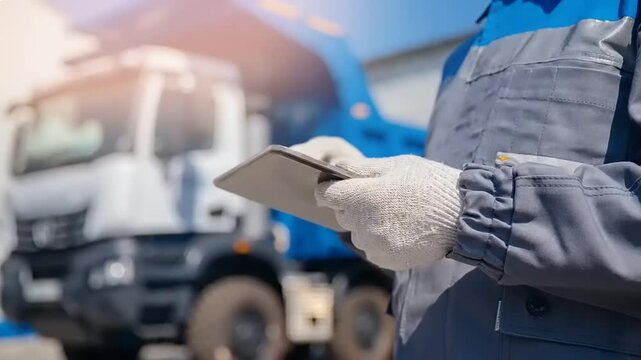 Worker with tablet and blue truck.