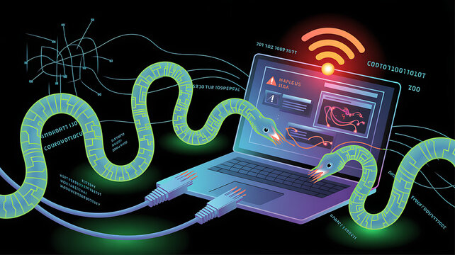 Computer worms are traveling along the cables. The attack is being carried out via a website. Illustration of a hacker attack on a laptop with a Wi-Fi icon.