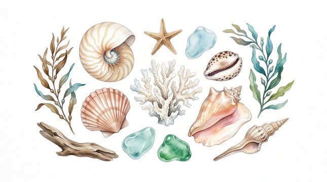 Watercolor ocean elements collection, a beautiful set of seashells, starfish, coral, and sea glass, perfect for marine-themed designs and coastal decor.