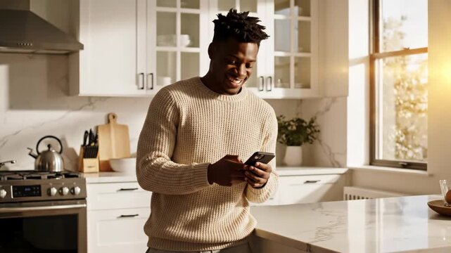 smiling african man using smartphone in sunny modern kitchen. happy guy texting or browsing social media. morning lifestyle concept. mobile app communication, online shopping, smart home.