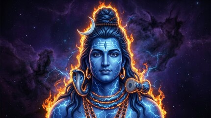Fototapeta premium ​A majestic, cosmic-themed portrait of the Hindu deity Lord Shiva, rendered as a striking, deep blue-skinned figure with fine, lifelike features and a serene expression. Shiva looks directly at the vi