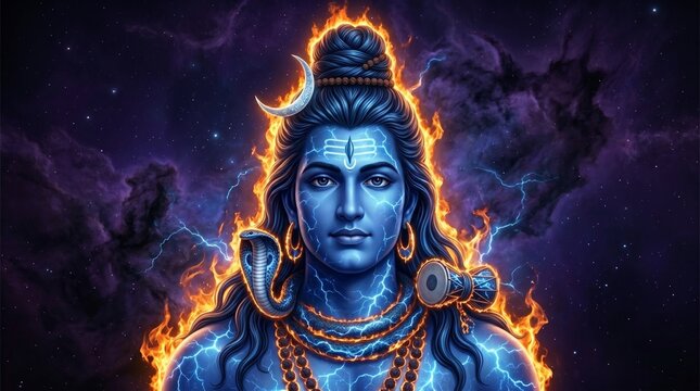 ​A majestic, cosmic-themed portrait of the Hindu deity Lord Shiva, rendered as a striking, deep blue-skinned figure with fine, lifelike features and a serene expression. Shiva looks directly at the vi