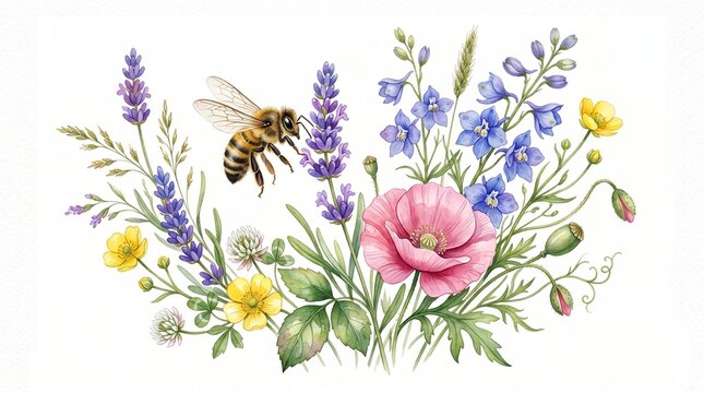 Watercolor wildflower bouquet illustration, a vibrant spring floral arrangement with a busy honey bee, delicate botanical garden design, perfect for nature-themed projects and invitations.