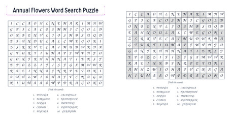 Fototapeta premium Annual Flowers Word Search Puzzle With Answer Key for Printable Gardening Vocabulary Worksheet and Activity Book