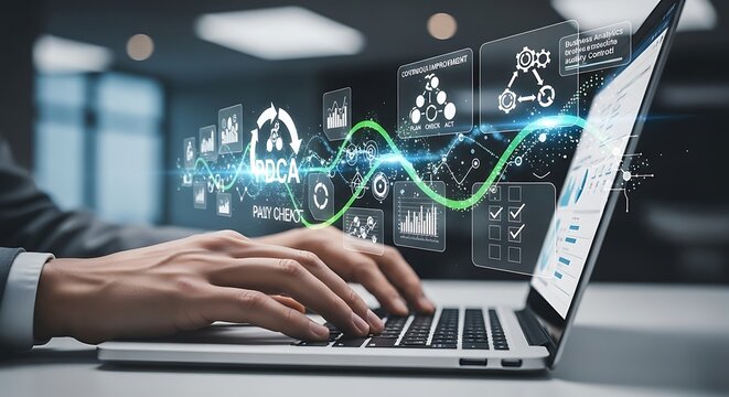 Business professional working on laptop with digital pdca cycle process infographics business professional technology infographic computer strategy planning management analysis corporate
