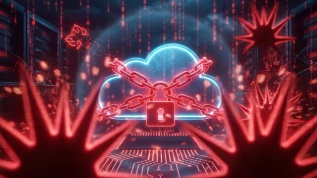 Cybersecurity Threat: A digital representation of cybersecurity threats, with a locked cloud protected by chains, surrounded by red virus-like symbols and digital code.
