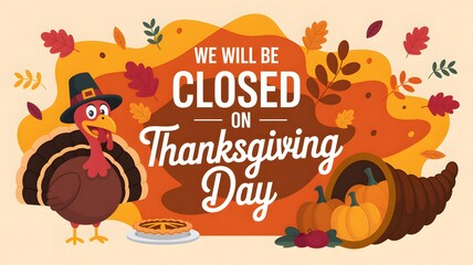 Naklejka premium We will be closed on thanksgiving day sign with a cute turkey and autumn leaves