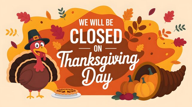 We will be closed on thanksgiving day sign with a cute turkey and autumn leaves