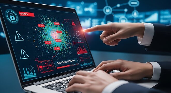 Cybersecurity expert pointing at digital network threat detection interface on laptop with cybersecurity technology security computer protection monitoring analysis software information
