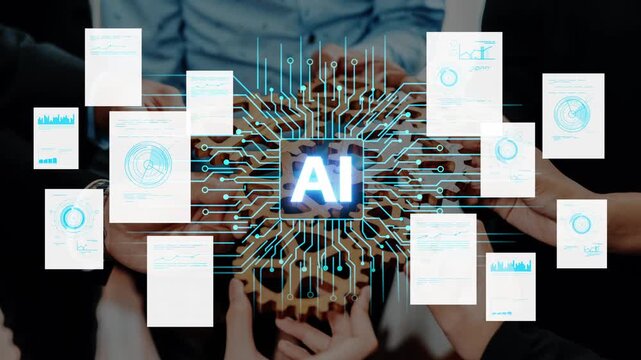 Hands Holding Brain with AI Symbol Surrounded by Data Sheets and Charts Representing Technology, Innovation, and Digital Transformation. Entropy.
