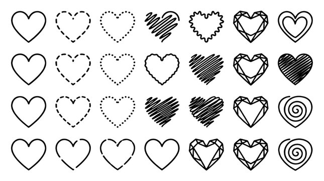 Set of heart outline icons in different line and sketch styles