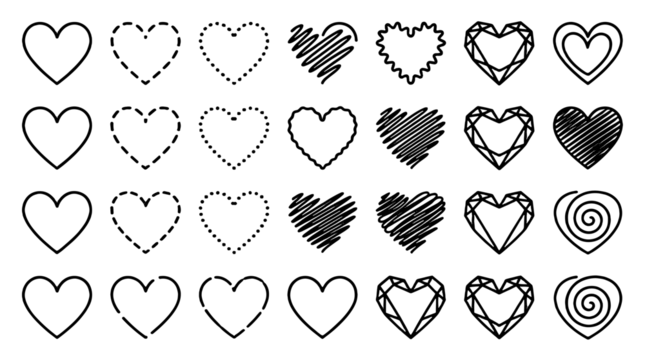 Set of heart outline icons in different line and sketch styles