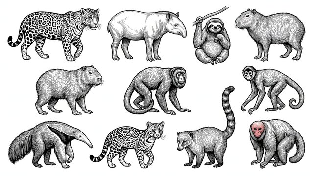 Rainforest Animals Collection Hand Drawn Vector Illustration Set Isolated on White Background