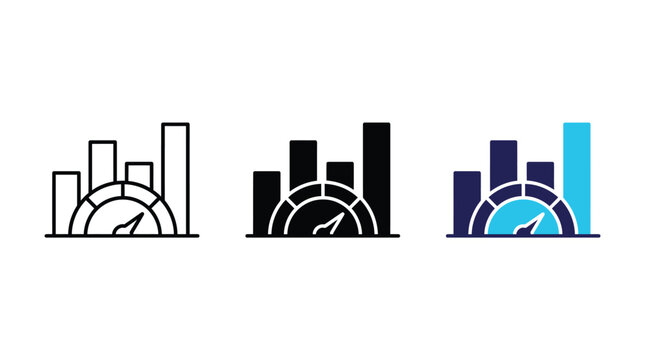 Minimalist vector illustration of a business performance chart with a speedometer gauge icon in blue