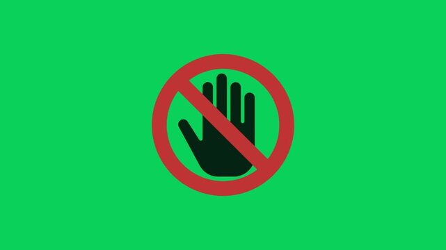 stop hand warning icon animation on green screen video, do not touch hand symbol motion graphic on chroma key, access denied hand warning sign video on green background