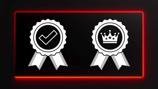 award badge certificate icons animation with neon frame, premium quality medal symbols video on dark background, approval badge motion graphic with glowing red border